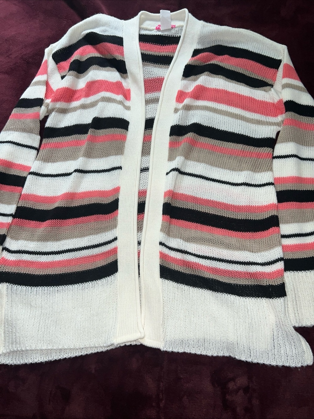 Striped Open-Front Women's Sweater Cardigan in Cream and Coral,black. XL